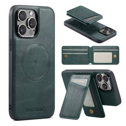 For iPhone 14 Pro Fierre Shann Cowhide Vertical Flip Magnetic Card Holder Phone Case(Green)