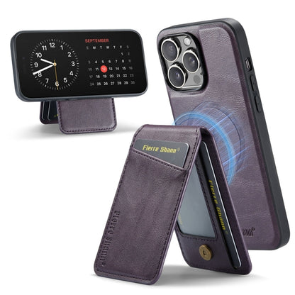 For iPhone 14 Pro Fierre Shann Cowhide Vertical Flip Magnetic Card Holder Phone Case(Purple)