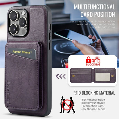 For iPhone 14 Pro Fierre Shann Cowhide Vertical Flip Magnetic Card Holder Phone Case(Purple)