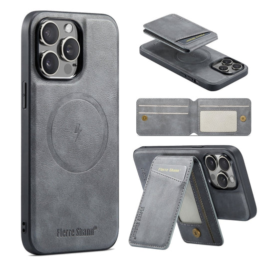 Pour iPhone 13 Pro Max Fierre Shann Étui de téléphone à rabat vertical en cuir de vachette magnétique avec porte-cartes (Gris)