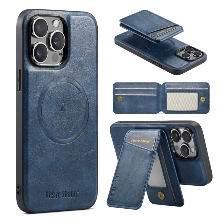 For iPhone 13 Pro Fierre Shann Cowhide Vertical Flip Magnetic Card Holder Phone Case(Blue)