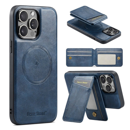 For iPhone 13 Pro Fierre Shann Cowhide Vertical Flip Magnetic Card Holder Phone Case(Blue)