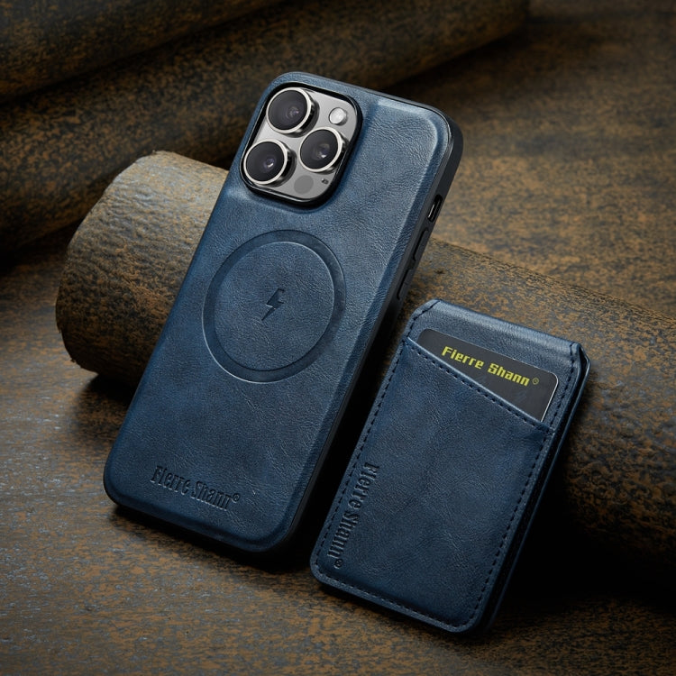 For iPhone 13 Pro Fierre Shann Cowhide Vertical Flip Magnetic Card Holder Phone Case(Blue)