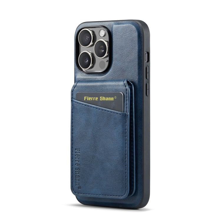 For iPhone 13 Pro Fierre Shann Cowhide Vertical Flip Magnetic Card Holder Phone Case(Blue)