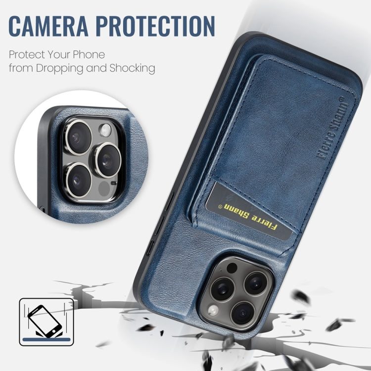 For iPhone 13 Pro Fierre Shann Cowhide Vertical Flip Magnetic Card Holder Phone Case(Blue)