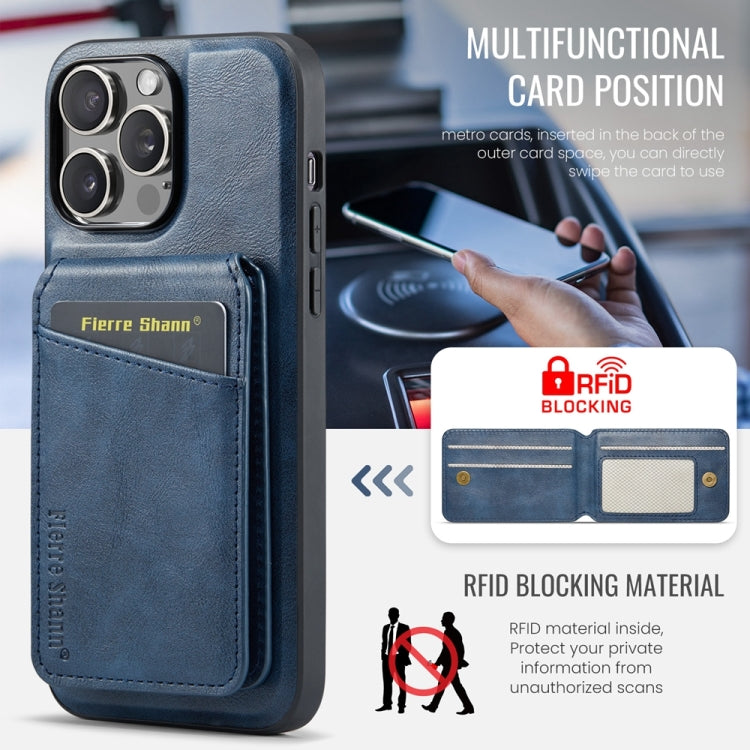 For iPhone 13 Pro Fierre Shann Cowhide Vertical Flip Magnetic Card Holder Phone Case(Blue)