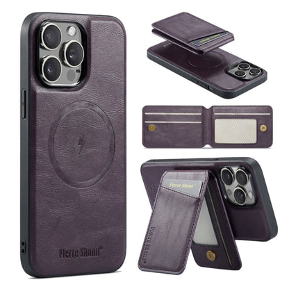 For iPhone 13 Pro Fierre Shann Cowhide Vertical Flip Magnetic Card Holder Phone Case(Purple)