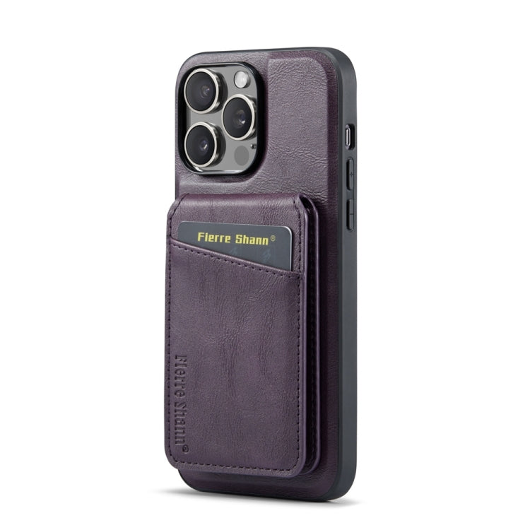 For iPhone 13 Pro Fierre Shann Cowhide Vertical Flip Magnetic Card Holder Phone Case(Purple)