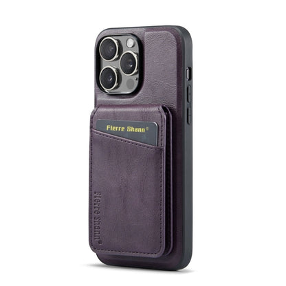 For iPhone 13 Pro Fierre Shann Cowhide Vertical Flip Magnetic Card Holder Phone Case(Purple)