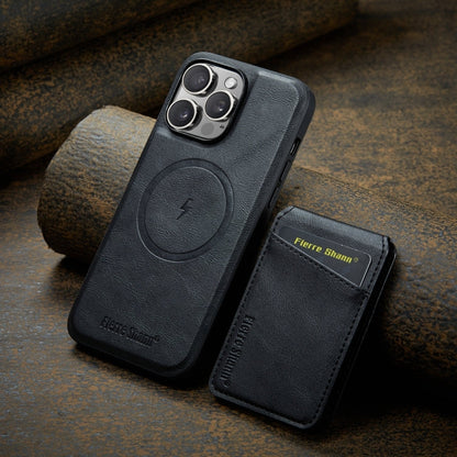 For iPhone 12 Pro Fierre Shann Cowhide Vertical Flip Magnetic Card Holder Phone Case(Black)