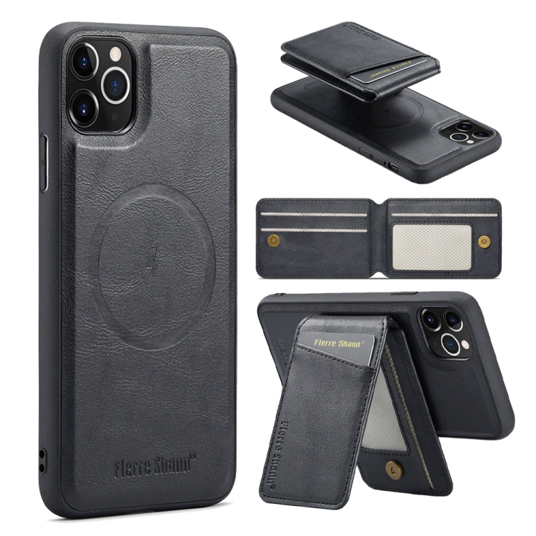 For iPhone 11 Pro Max Fierre Shann Cowhide Vertical Flip Magnetic Card Holder Phone Case(Black)