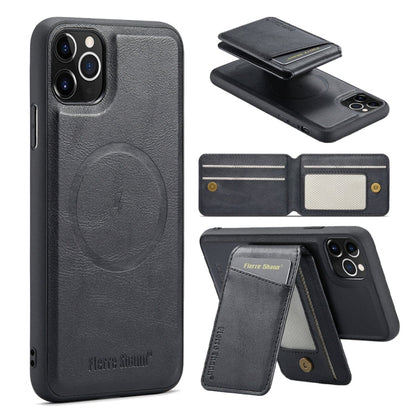 For iPhone 11 Pro Max Fierre Shann Cowhide Vertical Flip Magnetic Card Holder Phone Case(Black)