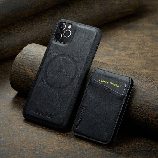 For iPhone 11 Pro Max Fierre Shann Cowhide Vertical Flip Magnetic Card Holder Phone Case(Black)