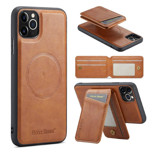 For iPhone 11 Pro Max Fierre Shann Cowhide Vertical Flip Magnetic Card Holder Phone Case(Brown)