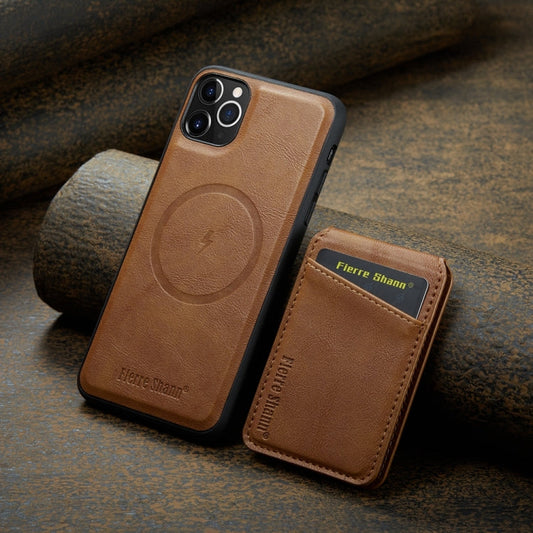 For iPhone 11 Pro Max Fierre Shann Cowhide Vertical Flip Magnetic Card Holder Phone Case(Brown)