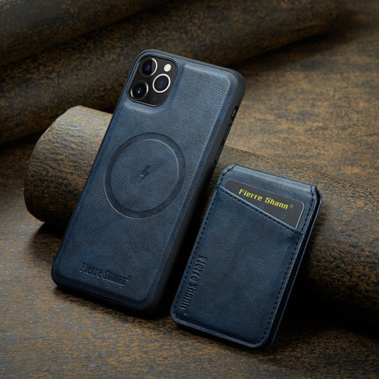 For iPhone 11 Pro Max Fierre Shann Cowhide Vertical Flip Magnetic Card Holder Phone Case(Blue)