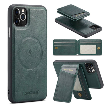 For iPhone 11 Pro Max Fierre Shann Cowhide Vertical Flip Magnetic Card Holder Phone Case(Green)