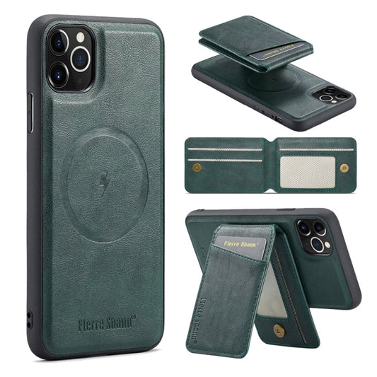For iPhone 11 Pro Max Fierre Shann Cowhide Vertical Flip Magnetic Card Holder Phone Case(Green)
