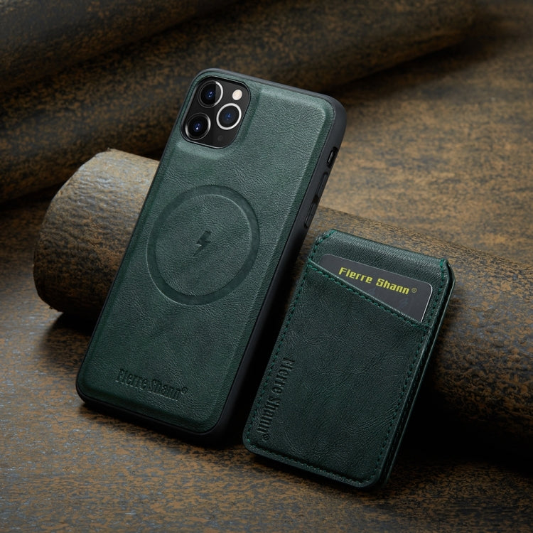 For iPhone 11 Pro Max Fierre Shann Cowhide Vertical Flip Magnetic Card Holder Phone Case(Green)