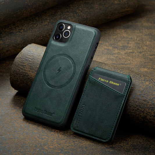For iPhone 11 Pro Max Fierre Shann Cowhide Vertical Flip Magnetic Card Holder Phone Case(Green)