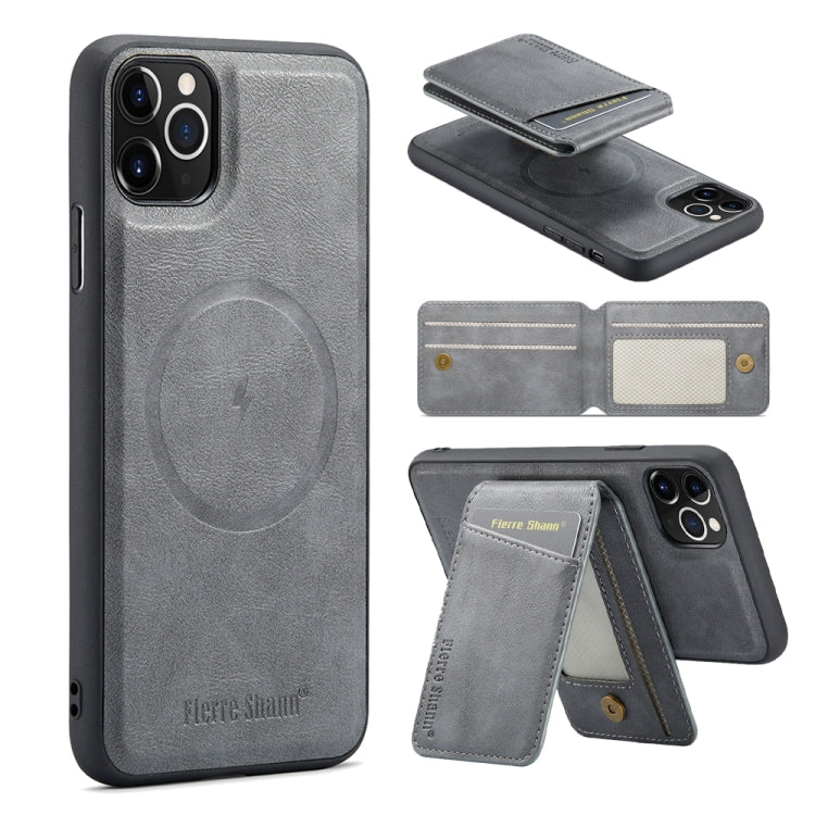 For iPhone 11 Pro Max Fierre Shann Cowhide Vertical Flip Magnetic Card Holder Phone Case(Grey)