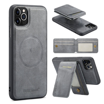 For iPhone 11 Pro Max Fierre Shann Cowhide Vertical Flip Magnetic Card Holder Phone Case(Grey)