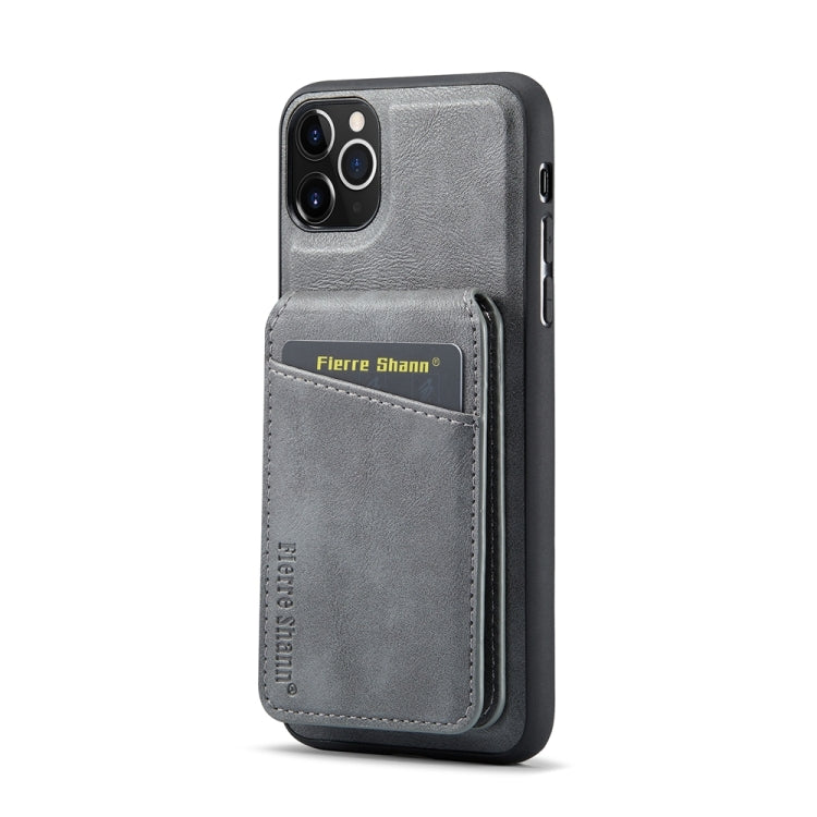 For iPhone 11 Pro Max Fierre Shann Cowhide Vertical Flip Magnetic Card Holder Phone Case(Grey)