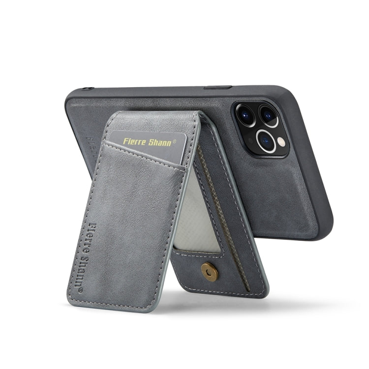 For iPhone 11 Pro Max Fierre Shann Cowhide Vertical Flip Magnetic Card Holder Phone Case(Grey)