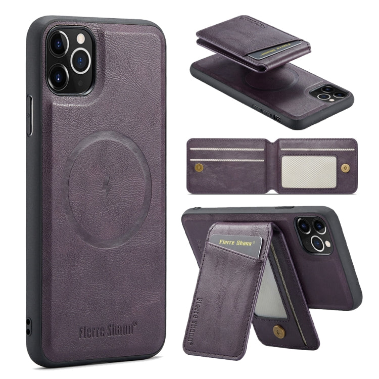 For iPhone 11 Pro Max Fierre Shann Cowhide Vertical Flip Magnetic Card Holder Phone Case(Purple)