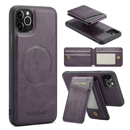 For iPhone 11 Pro Max Fierre Shann Cowhide Vertical Flip Magnetic Card Holder Phone Case(Purple)