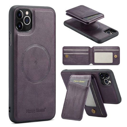 For iPhone 11 Pro Max Fierre Shann Cowhide Vertical Flip Magnetic Card Holder Phone Case(Purple)