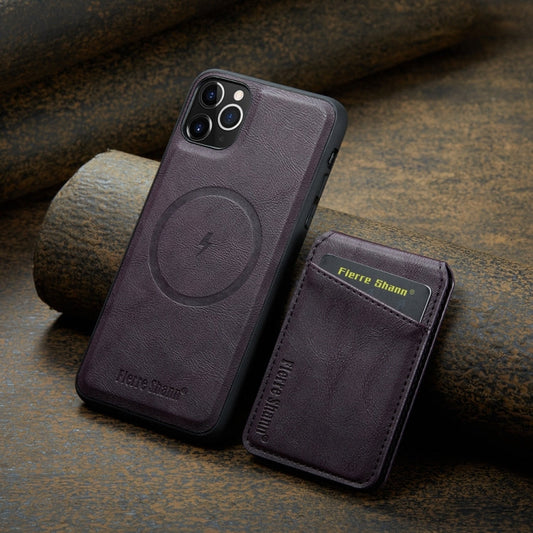 For iPhone 11 Pro Max Fierre Shann Cowhide Vertical Flip Magnetic Card Holder Phone Case(Purple)