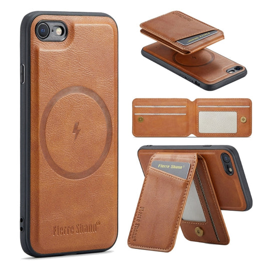 For iPhone SE 2022 / SE 2020 / 8 / 7 Fierre Shann Cowhide Vertical Flip Magnetic Card Holder Phone Case(Brown)