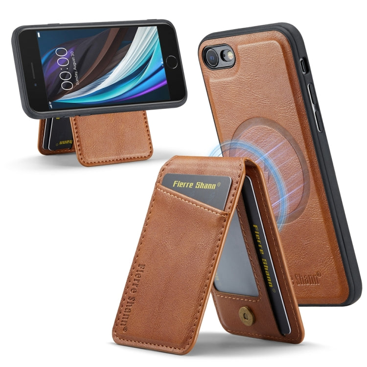 For iPhone SE 2022 / SE 2020 / 8 / 7 Fierre Shann Cowhide Vertical Flip Magnetic Card Holder Phone Case(Brown)
