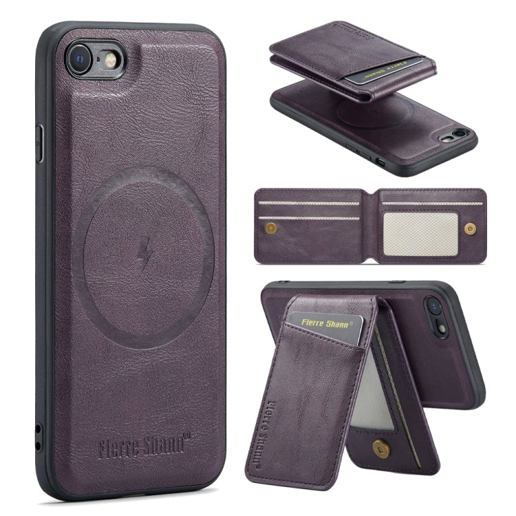 For iPhone SE 2022 / SE 2020 / 8 / 7 Fierre Shann Cowhide Vertical Flip Magnetic Card Holder Phone Case(Purple)