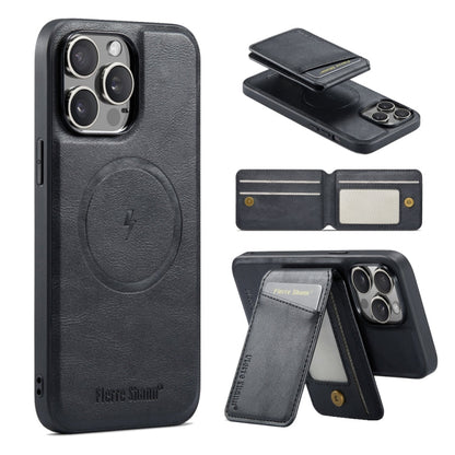 For iPhone 16 Pro Max Fierre Shann Cowhide Vertical Flip Magnetic Card Holder Phone Case(Black)