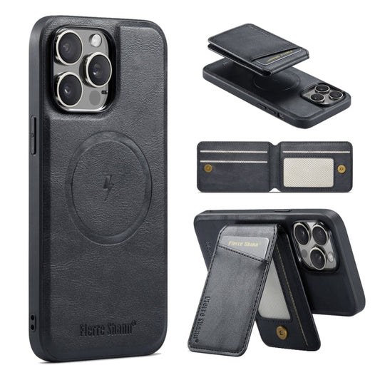 For iPhone 16 Pro Max Fierre Shann Cowhide Vertical Flip Magnetic Card Holder Phone Case(Black)