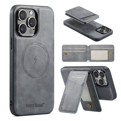 For iPhone 16 Pro Max Fierre Shann Cowhide Vertical Flip Magnetic Card Holder Phone Case(Grey)