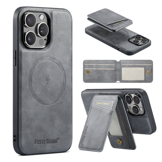 For iPhone 16 Pro Max Fierre Shann Cowhide Vertical Flip Magnetic Card Holder Phone Case(Grey)