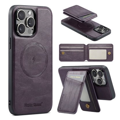 For iPhone 16 Pro Max Fierre Shann Cowhide Vertical Flip Magnetic Card Holder Phone Case(Purple)
