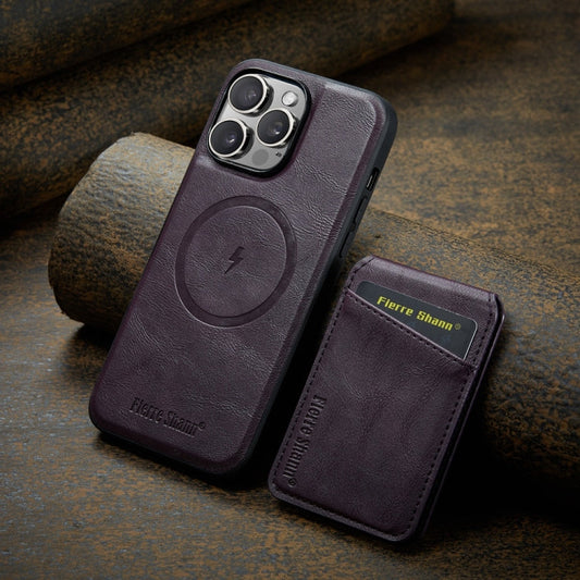 For iPhone 16 Pro Max Fierre Shann Cowhide Vertical Flip Magnetic Card Holder Phone Case(Purple)