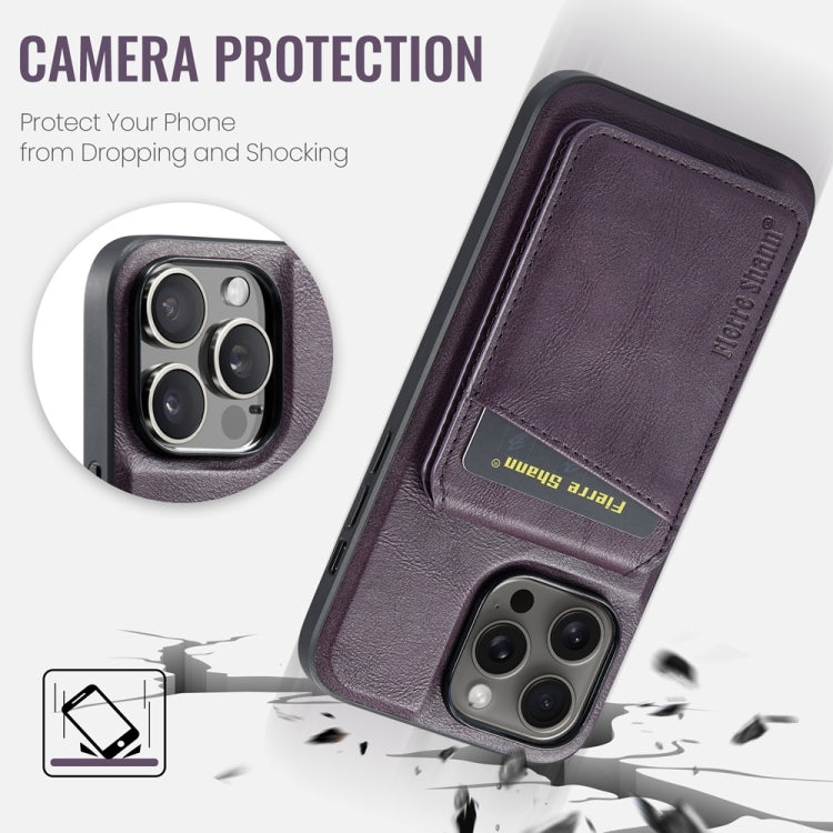 For iPhone 16 Pro Max Fierre Shann Cowhide Vertical Flip Magnetic Card Holder Phone Case(Purple)