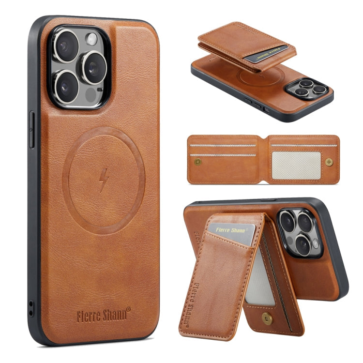 For iPhone 16 Pro Fierre Shann Cowhide Vertical Flip Magnetic Card Holder Phone Case(Brown)