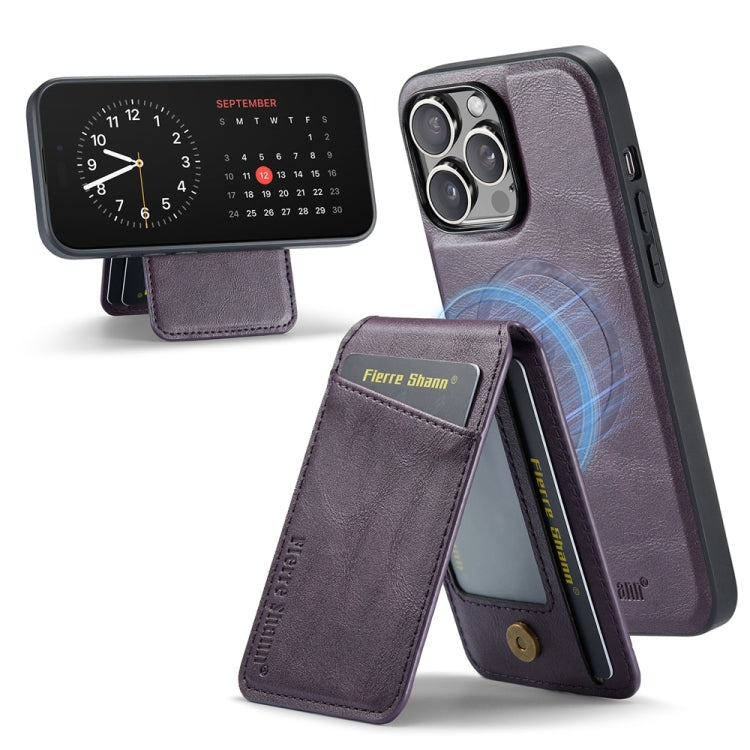For iPhone 16 Pro Fierre Shann Cowhide Vertical Flip Magnetic Card Holder Phone Case(Purple)