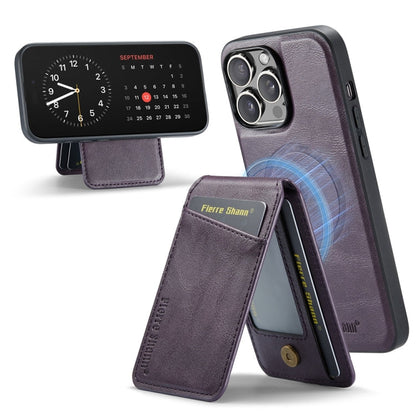 For iPhone 16 Pro Fierre Shann Cowhide Vertical Flip Magnetic Card Holder Phone Case(Purple)