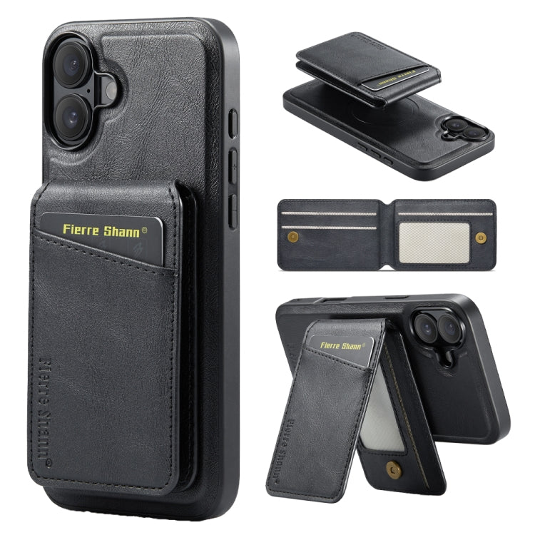 For iPhone 16 Plus Fierre Shann Cowhide Vertical Flip Magnetic Card Holder Phone Case(Black)