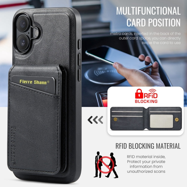 For iPhone 16 Plus Fierre Shann Cowhide Vertical Flip Magnetic Card Holder Phone Case(Black)