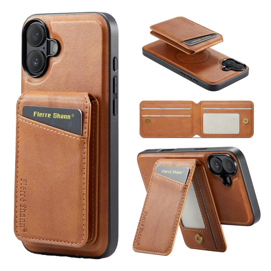 For iPhone 16 Plus Fierre Shann Cowhide Vertical Flip Magnetic Card Holder Phone Case(Brown)