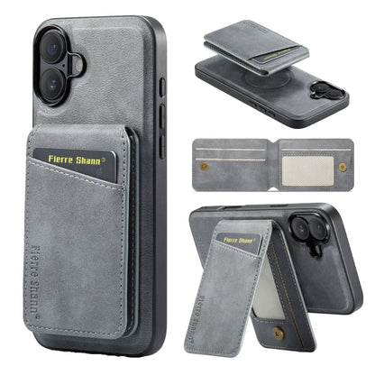 For iPhone 16 Plus Fierre Shann Cowhide Vertical Flip Magnetic Card Holder Phone Case(Grey)