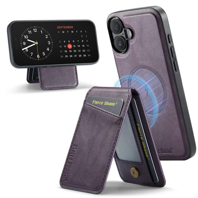 For iPhone 16 Plus Fierre Shann Cowhide Vertical Flip Magnetic Card Holder Phone Case(Purple)